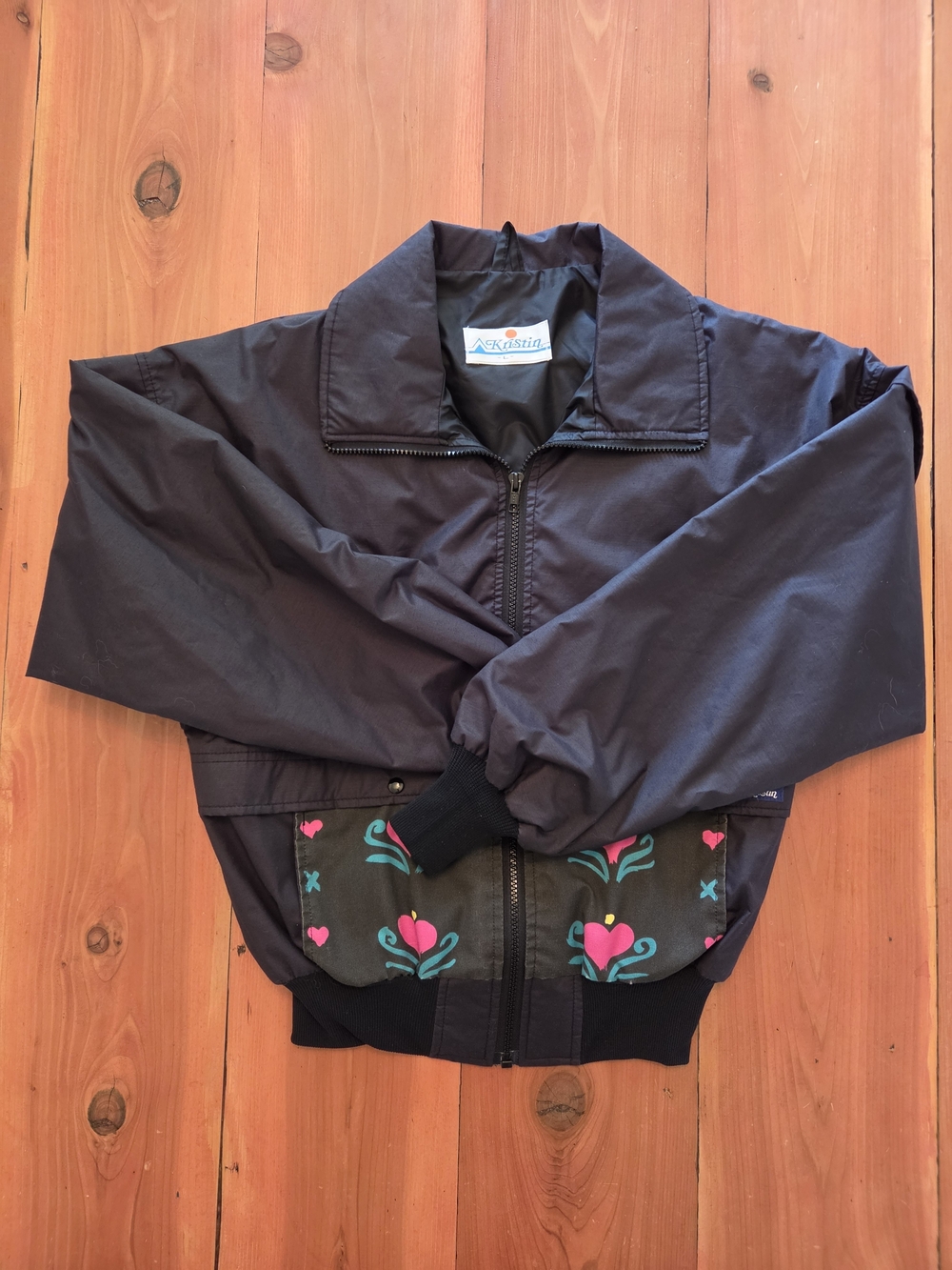 Vintage 80s Kristin Ski Jacket Womens L Floral Heart Retro Bomber Windbreaker
